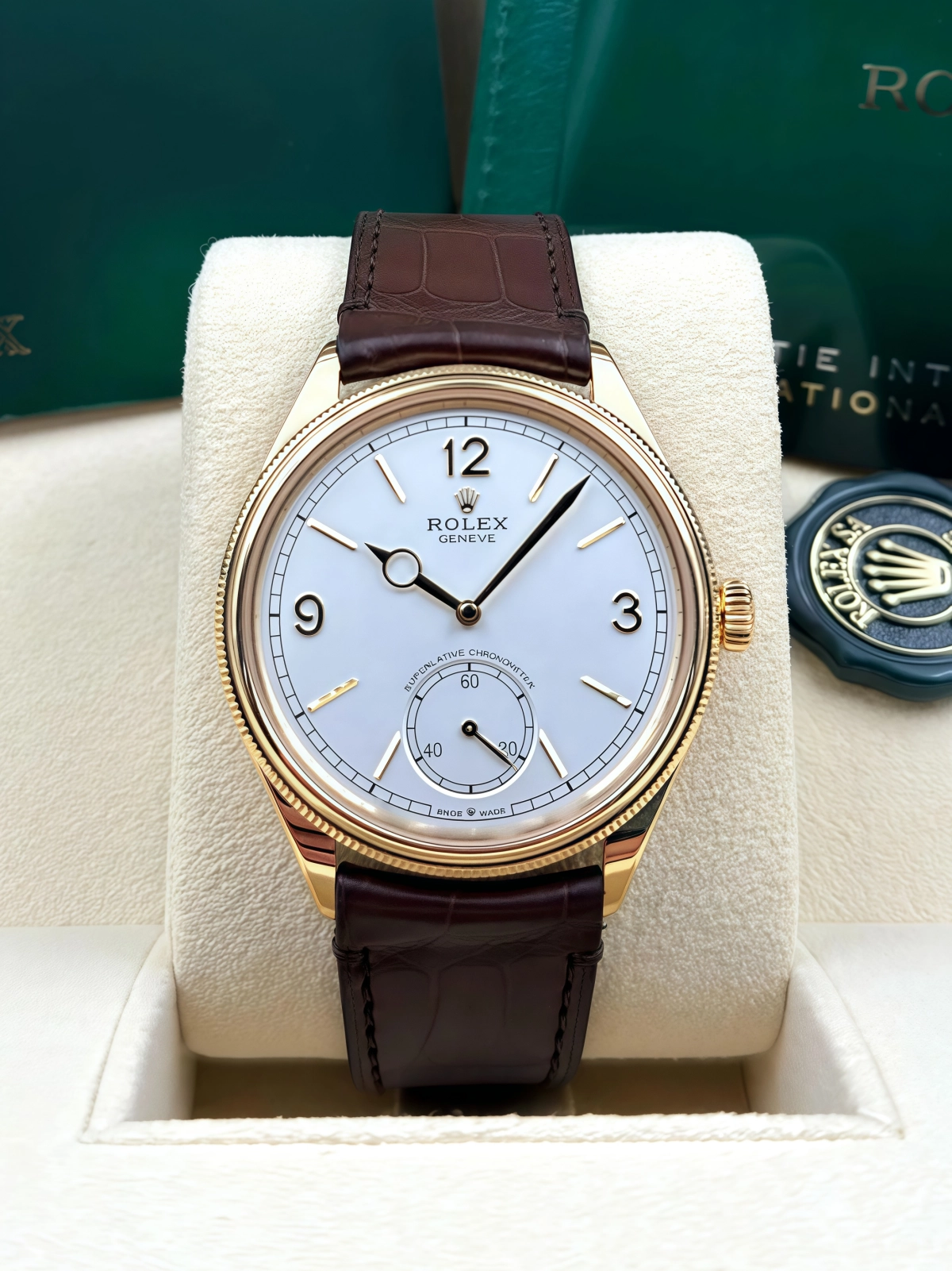 【Free Shipping】【Super Clone】Rolex 1908 Yellow Gold White Dial Brown Alligator Strap - 52508-0006