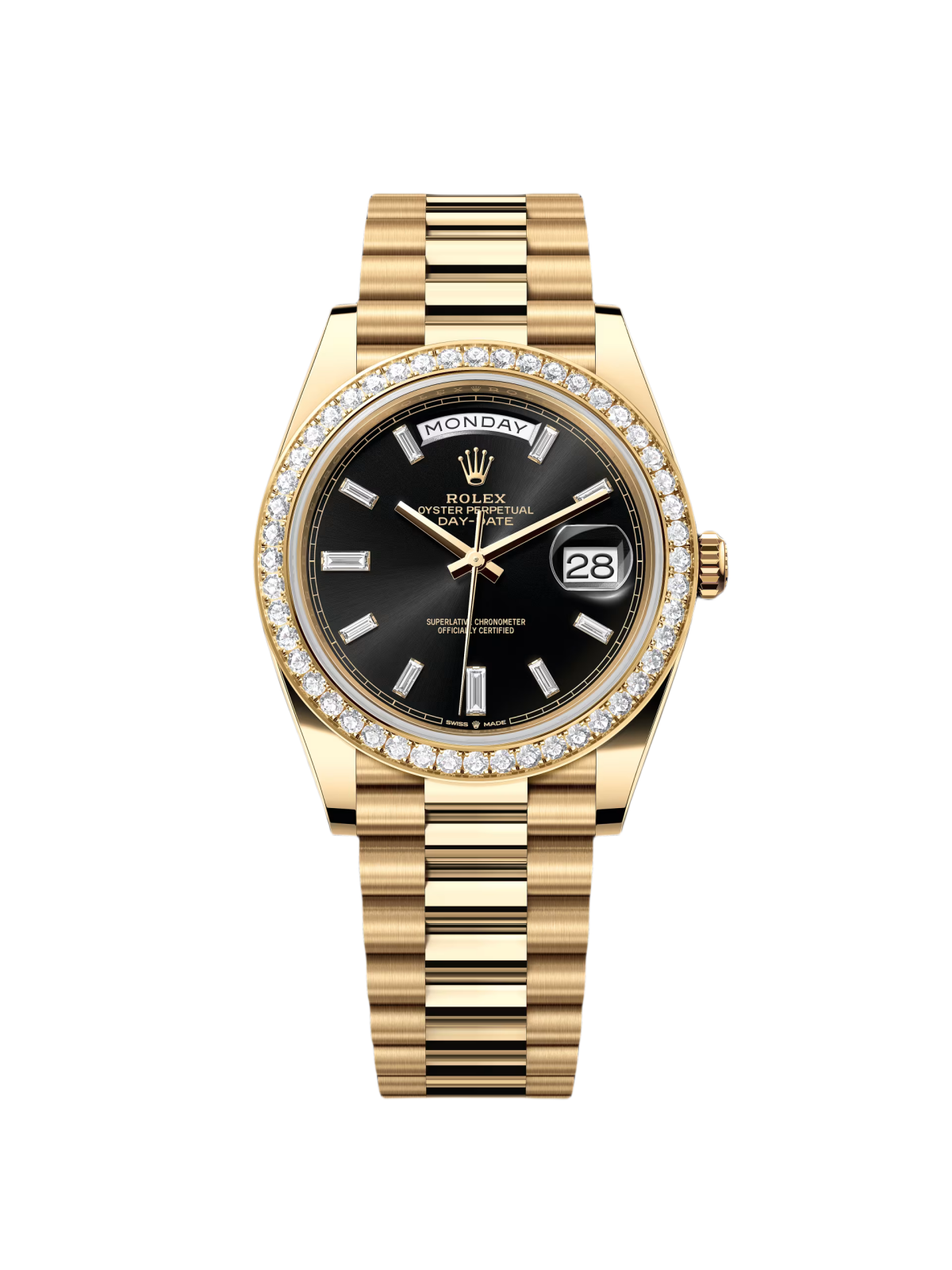 【Free Shipping】【Super Clone】RLX Day-Date 40mm Black Diamond Dial and Diamond Bezel Yellow Gold President Bracelet  228348RBR-0001