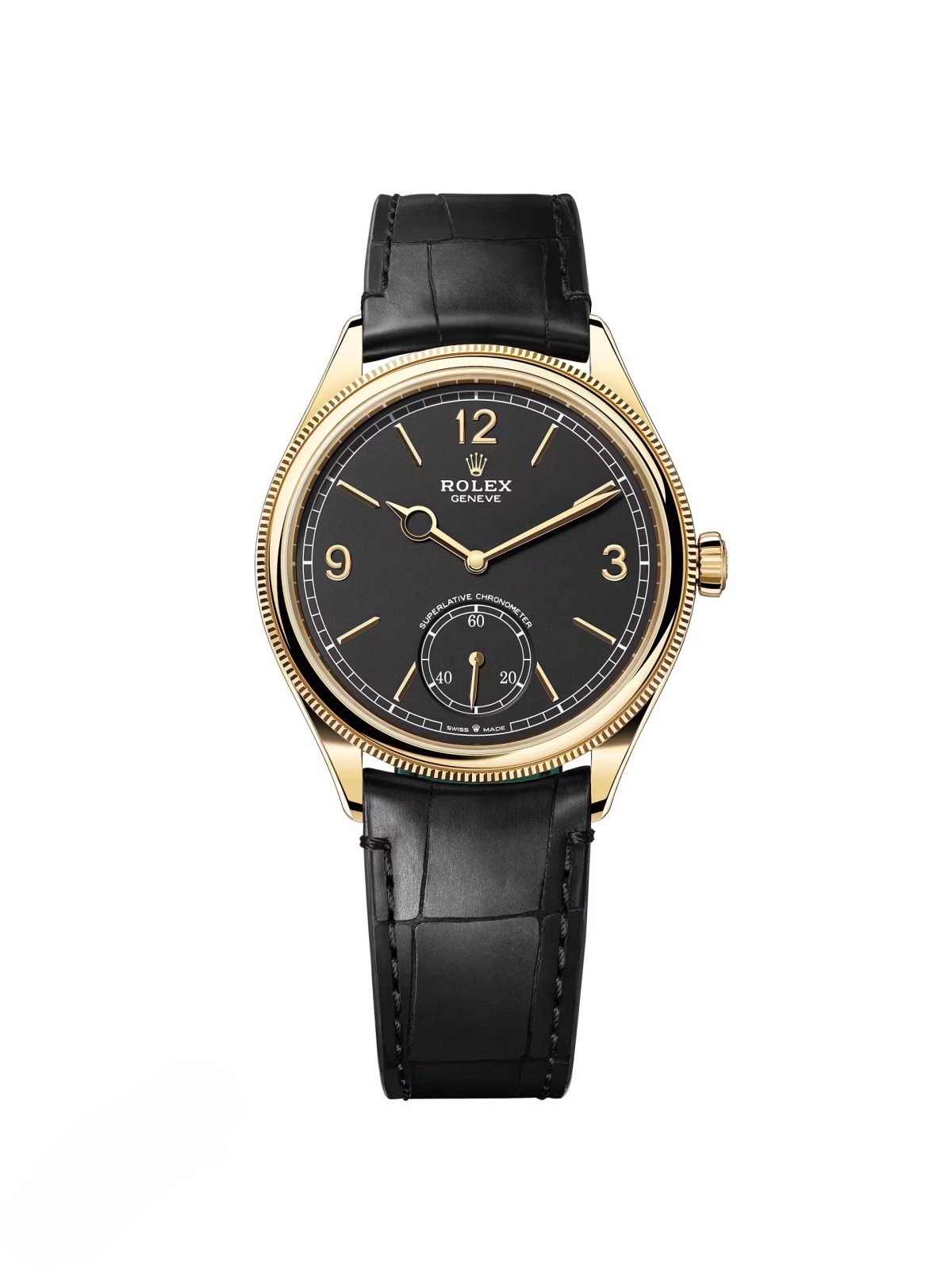 【Free Shipping】【Super Clone】Rolex 1908 Yellow Gold Black Dial Black Alligator Strap - 52508-0002