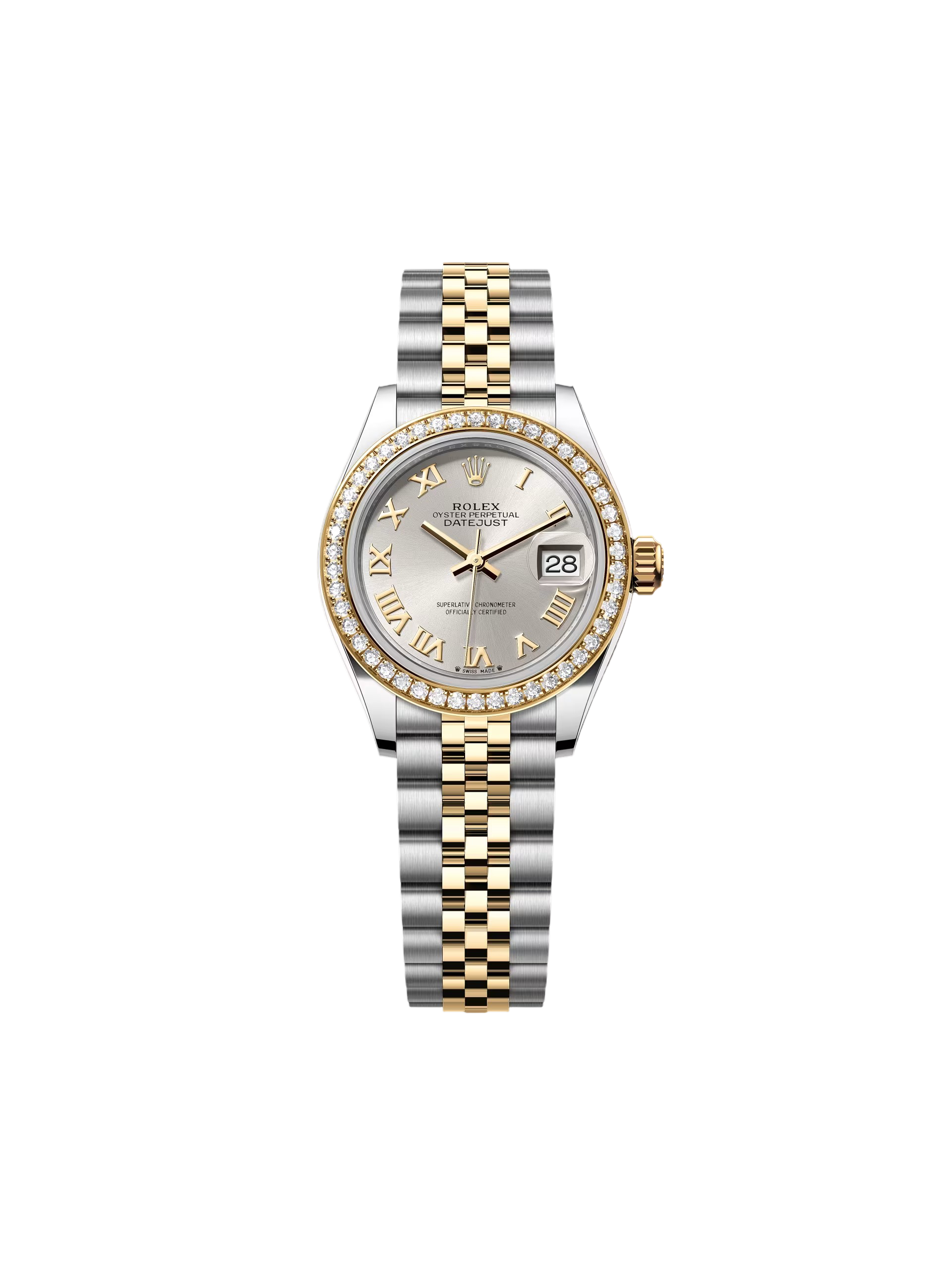 【Free Shipping】【Super Clone】RLX Lady-Datejust 28mm 279383RBR Silver Roman Dial Yellow Rolesor Oyster Bracelet
