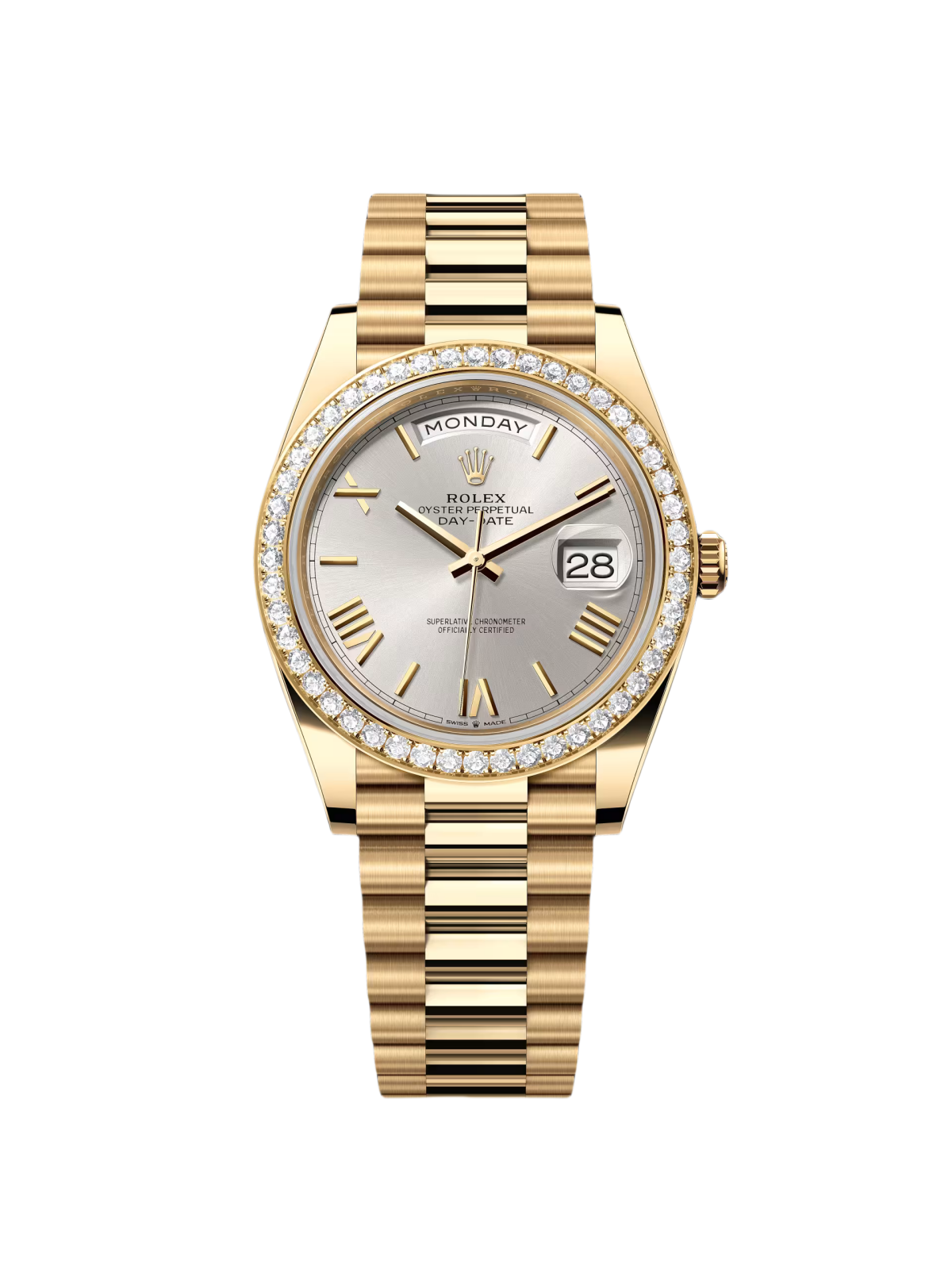 【Free Shipping】【Super Clone】RLX Day-Date 40mm Silver Roman Dial and Diamond Bezel Yellow Gold President Bracelet 228348RBR-0007