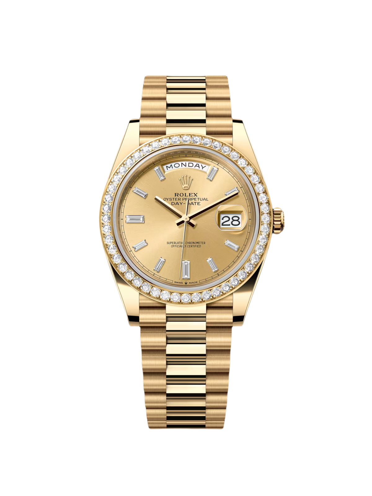 【Free Shipping】【Super Clone】RLX Day-Date 40mm Champagne Diamond Dial and Bezel Yellow Gold President Bracelet 228348RBR-0002