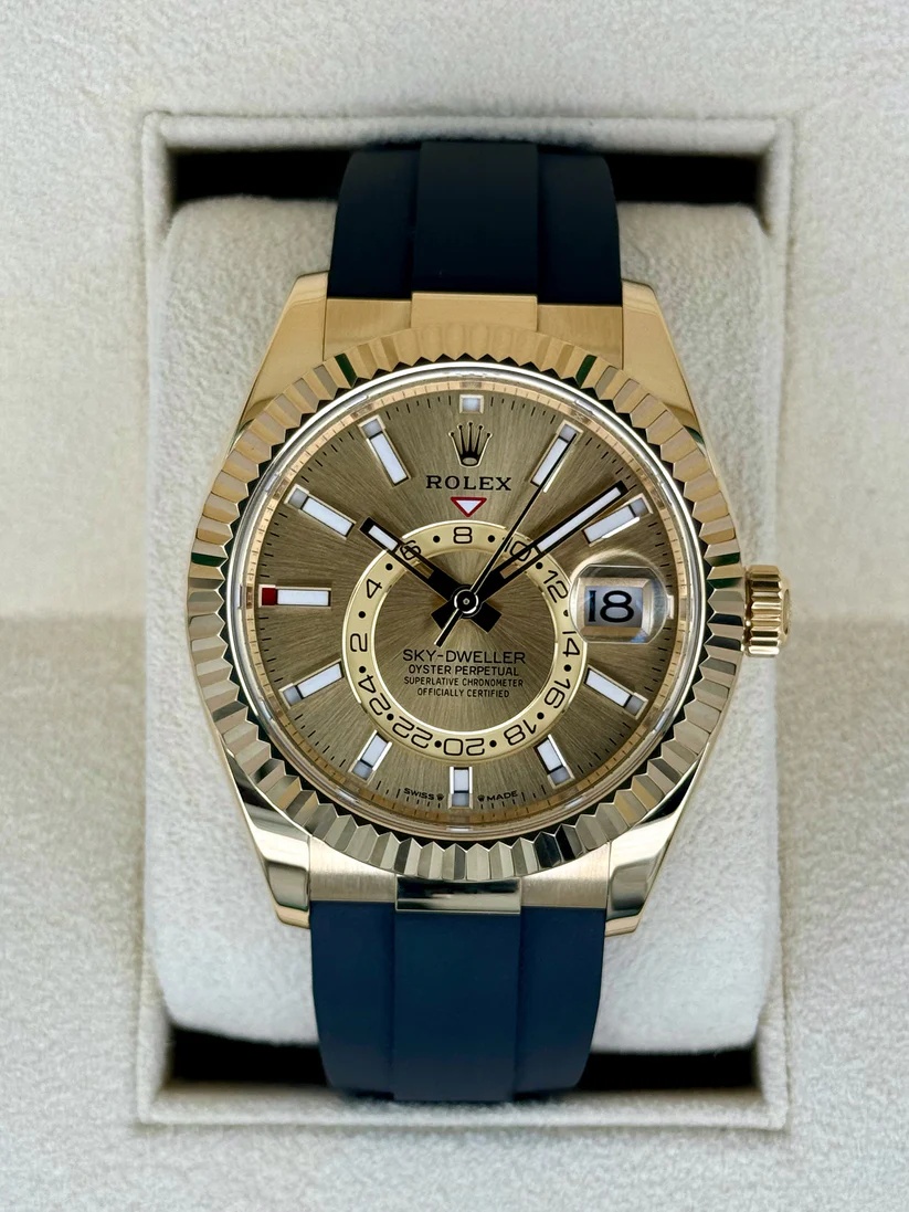 【Free Shipping】【Super Clone】RLX  Sky-Dweller 42mm Yellow Gold Champagne Dial Oysterflex - 336238