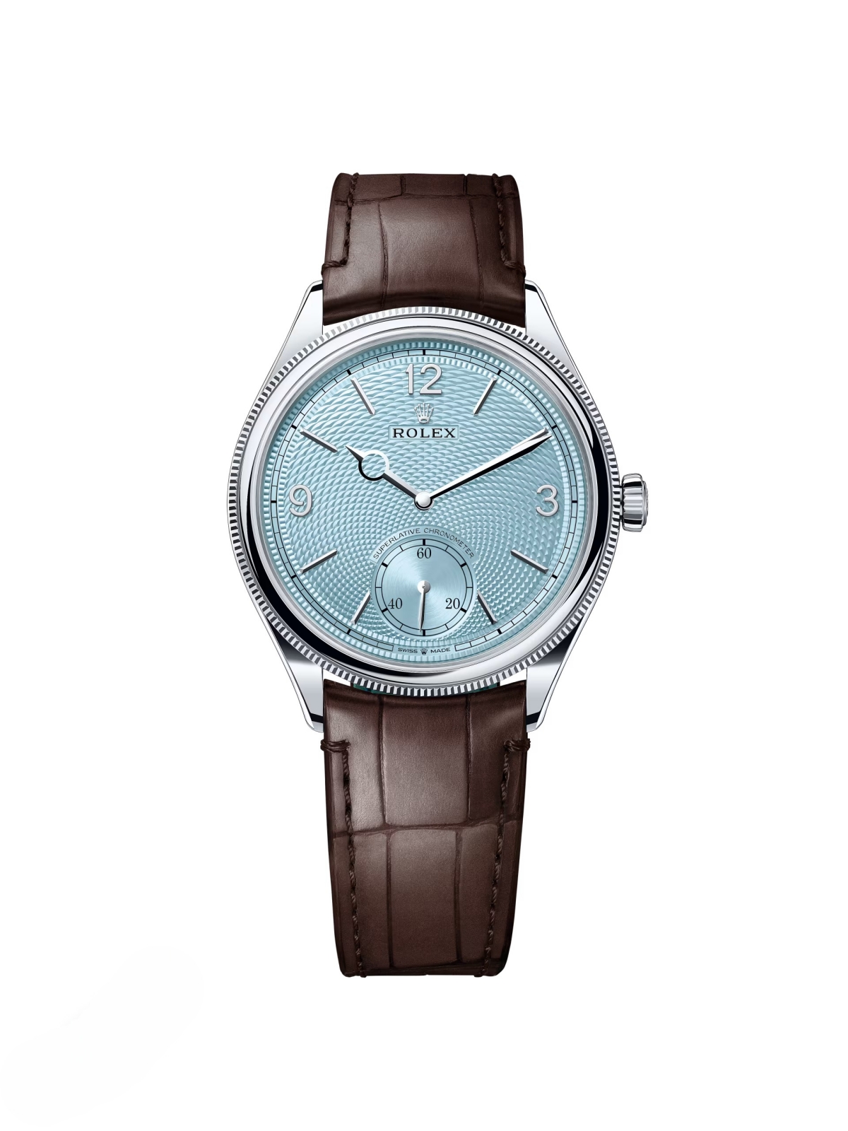 【Free Shipping】【Super Clone】Rolex 1908 Platinum Ice Blue Dial Brown Alligator Strap - 52506-0002