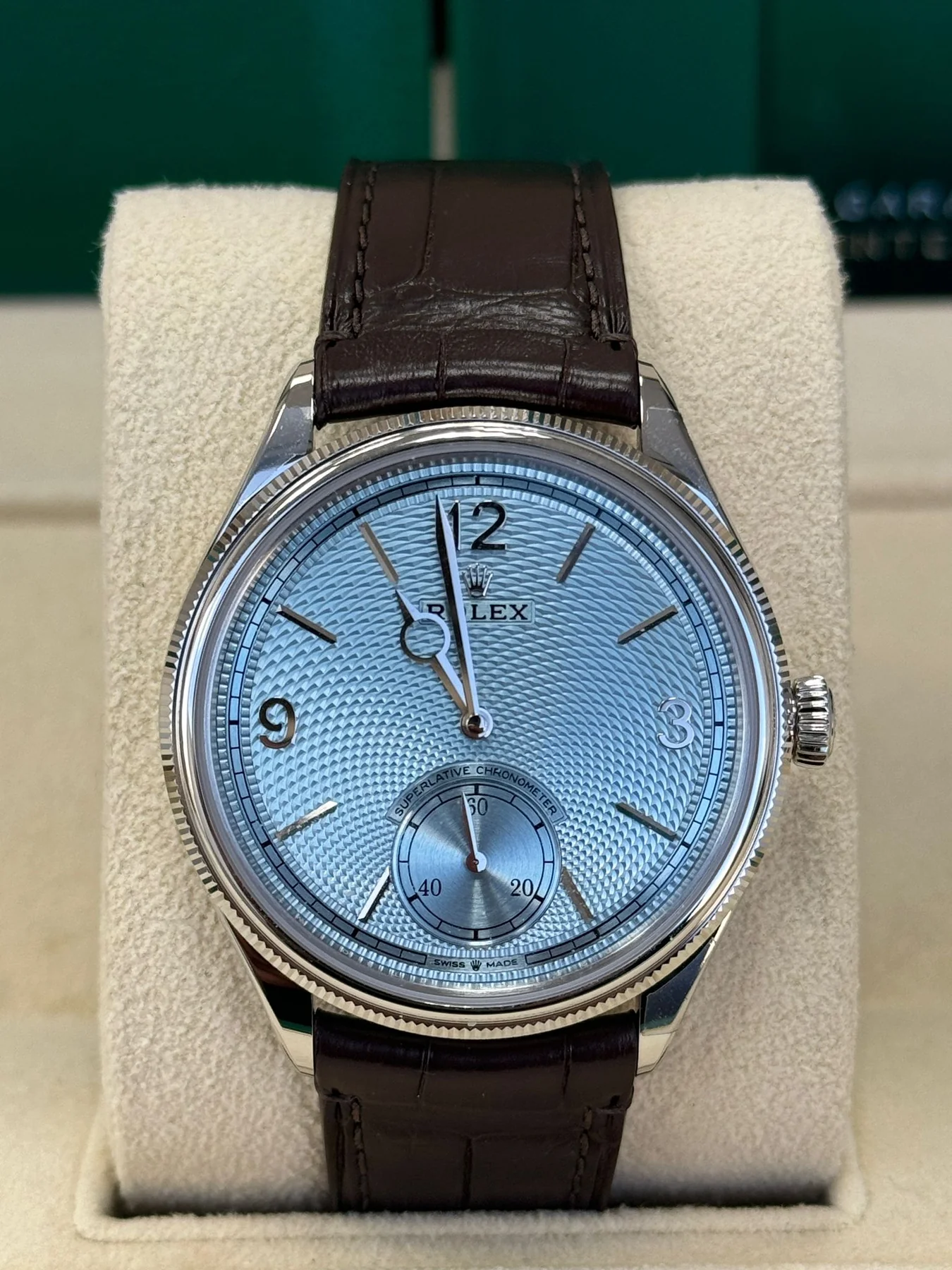 【Free Shipping】【Super Clone】Rolex 1908 Platinum Ice Blue Dial Brown Alligator Strap - 52506-0002