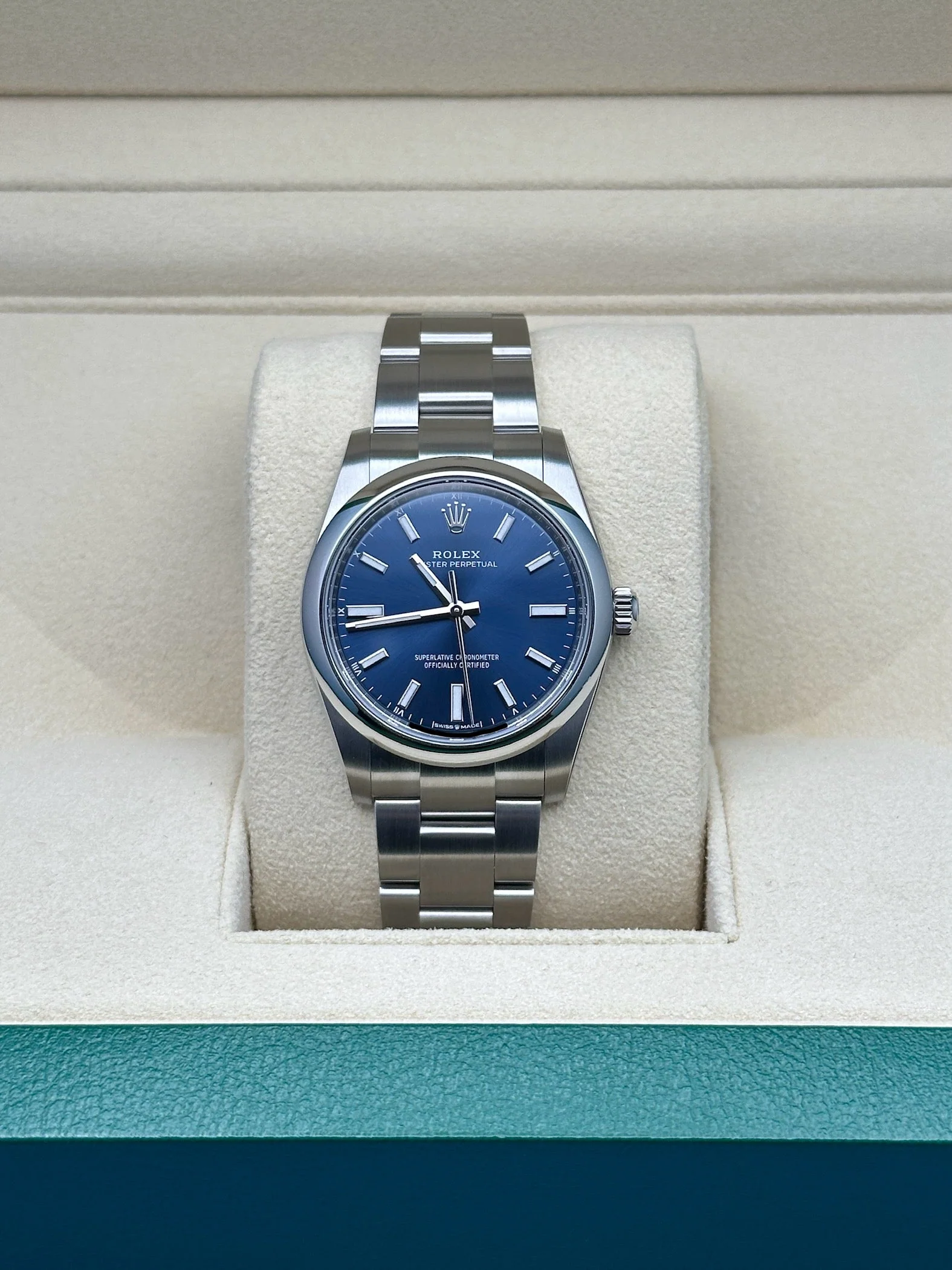 【Free Shipping】【Super Clone】RLX Oyster Perpetual 34mm 124200  Blue Dial Oyster Stainless Steel Bracelet