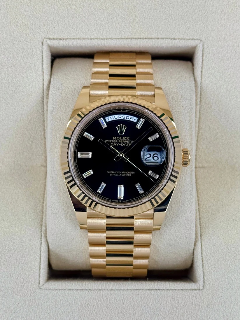 【Free Shipping】【Super Clone】RLX  Yellow Gold President Day Date 40mm Black Diamond Baguette Dial - 228238