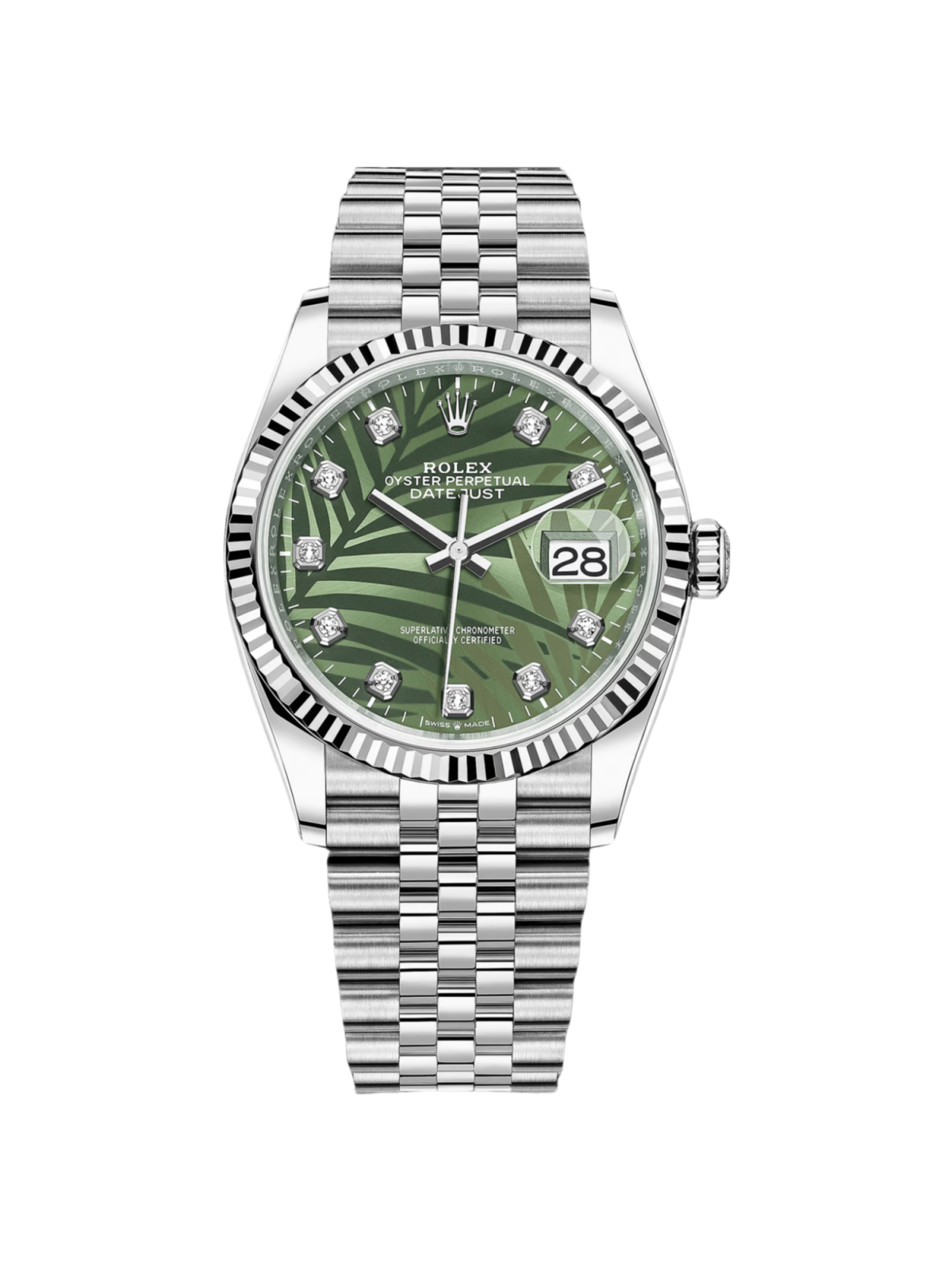 【Free Shipping】【Super Clone】RLX  Datejust 36mm 126234 Olive Green Palm Motif Diamond Dial Jubilee Stainless Steel Watch