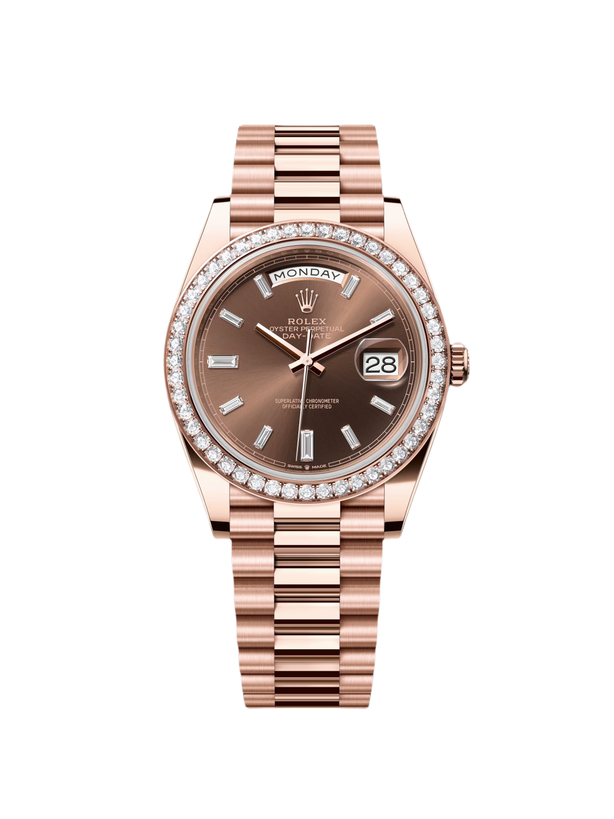 【Free Shipping】【Super Clone】RLX  Day-Date 40mm Chocolate Baguette Diamond Dial Diamond Bezel Dial Watch 228345RBR