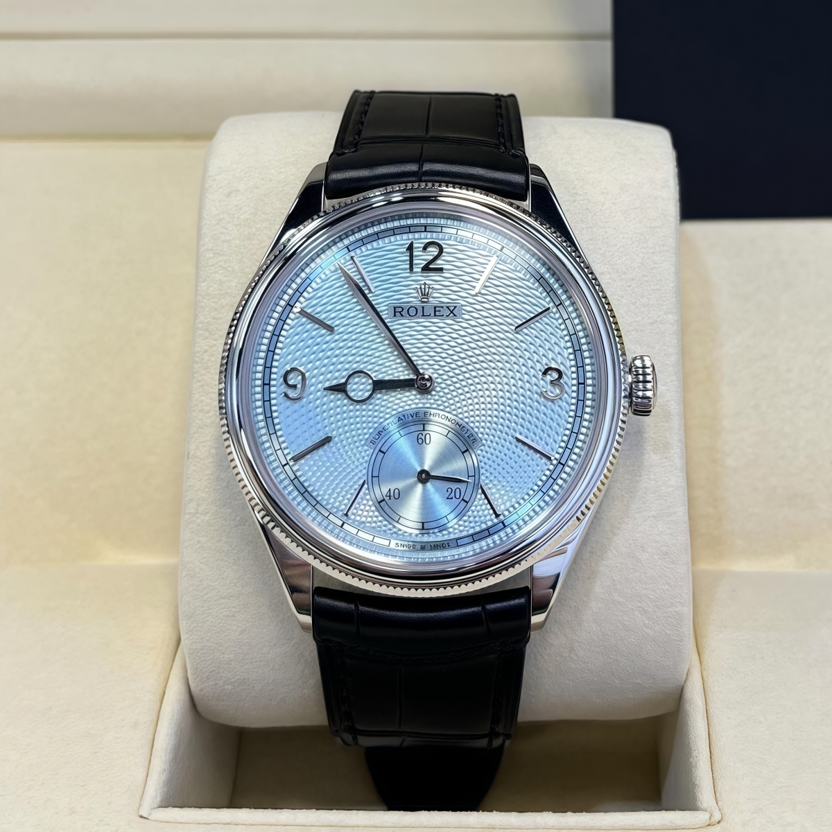 【Free Shipping】【Super Clone】Rolex 1908 Platinum Ice Blue Dial Black Alligator Strap - 52506-0003